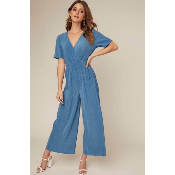 ASTR Wrap Front Wide Leg Jumpsuit in Steel Blue - Picture 3 of 6